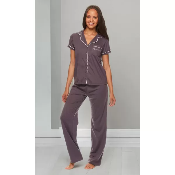 imagebebe Womens 2 Piece Notch Collar Short Sleeve Button Down Shirt and Long Pajama Pants SetMidnight Lavender