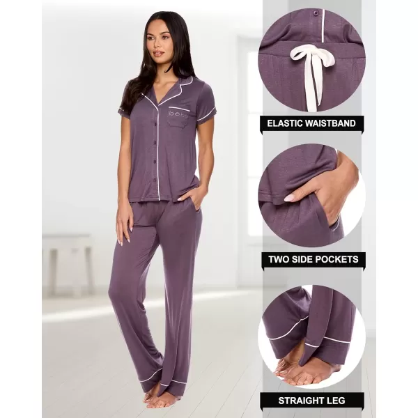 imagebebe Womens 2 Piece Notch Collar Short Sleeve Button Down Shirt and Long Pajama Pants SetMidnightlavender