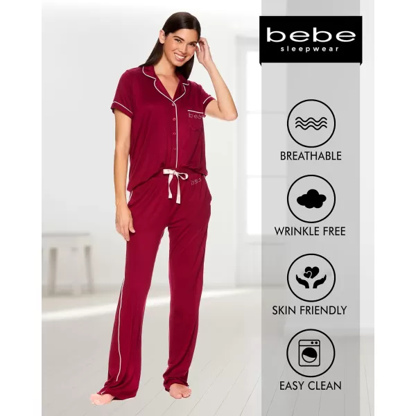 imagebebe Womens 2 Piece Notch Collar Short Sleeve Button Down Shirt and Long Pajama Pants SetRedplum