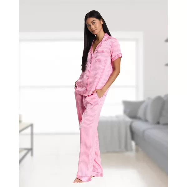 imagebebe Womens Silky Satin Notch Collar Pajama Set  ButtonDown Short Sleeve Sleepwear in Luxe PatternsAurora Pink