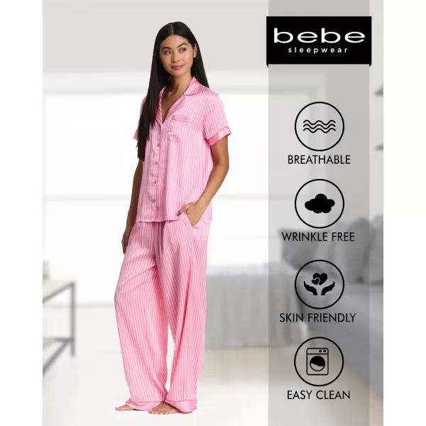 imagebebe Womens Silky Satin Notch Collar Pajama Set  ButtonDown Short Sleeve Sleepwear in Luxe PatternsAurora Pink