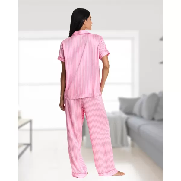 imagebebe Womens Silky Satin Notch Collar Pajama Set  ButtonDown Short Sleeve Sleepwear in Luxe PatternsAurora Pink