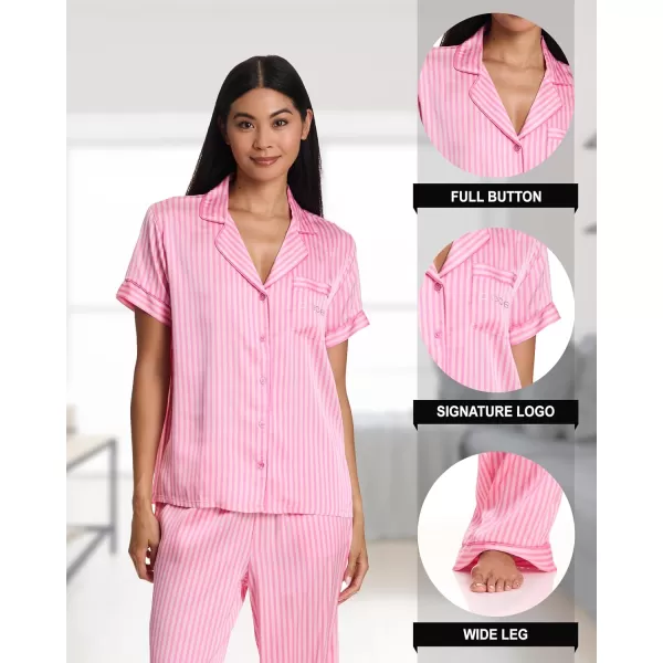 imagebebe Womens Silky Satin Notch Collar Pajama Set  ButtonDown Short Sleeve Sleepwear in Luxe PatternsAurora Pink