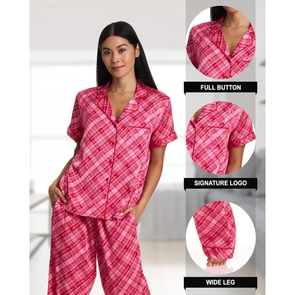 imagebebe Womens Silky Satin Notch Collar Pajama Set  ButtonDown Short Sleeve Sleepwear in Luxe PatternsCrimson