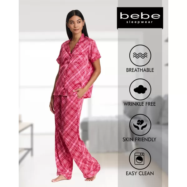 imagebebe Womens Silky Satin Notch Collar Pajama Set  ButtonDown Short Sleeve Sleepwear in Luxe PatternsCrimson