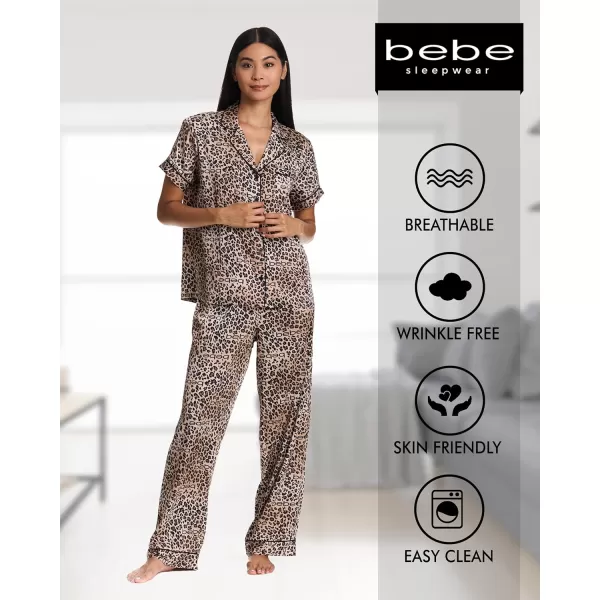 imagebebe Womens Silky Satin Notch Collar Pajama Set  ButtonDown Short Sleeve Sleepwear in Luxe PatternsWarm Taupe