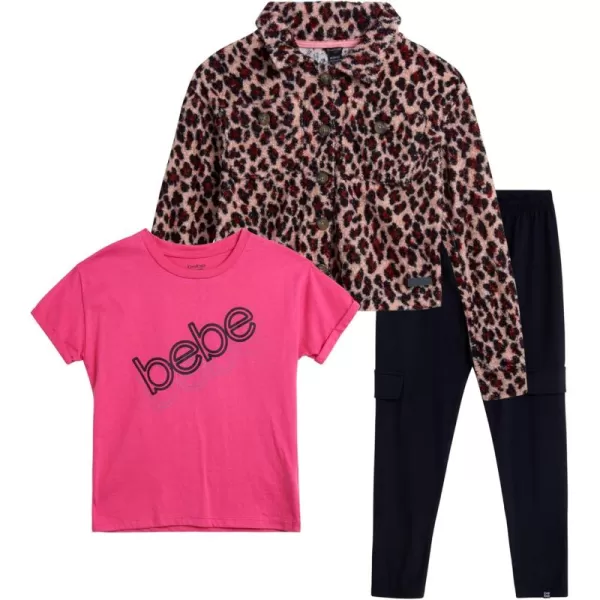 imagebebe Girls Legging Set  3 Piece Poodle Sherpa Shacket TShirt and Yoga Pants 712Hot Pink Animal