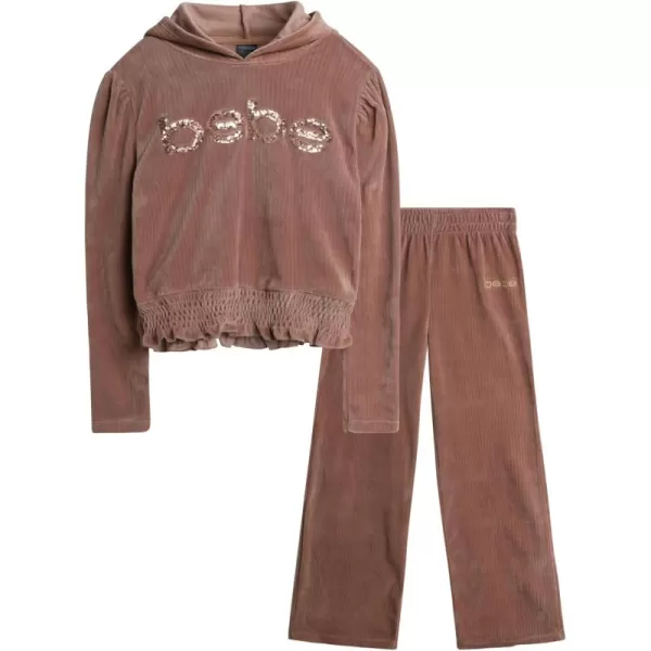 imagebebe Girls Sweatsuit  2 Piece Ribbed Velour Hoodie Sweatshirt and Open Bottom Sweatpants  Smock Waist Tracksuit Set 712Brown Sugar