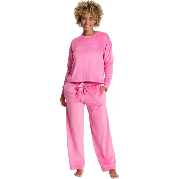 imagebebe Womens Velour Rhinestone Crewneck Pajama Set  Long Sleeve Cozy Lounge Set with Elastic Waist PantsAurora Pink