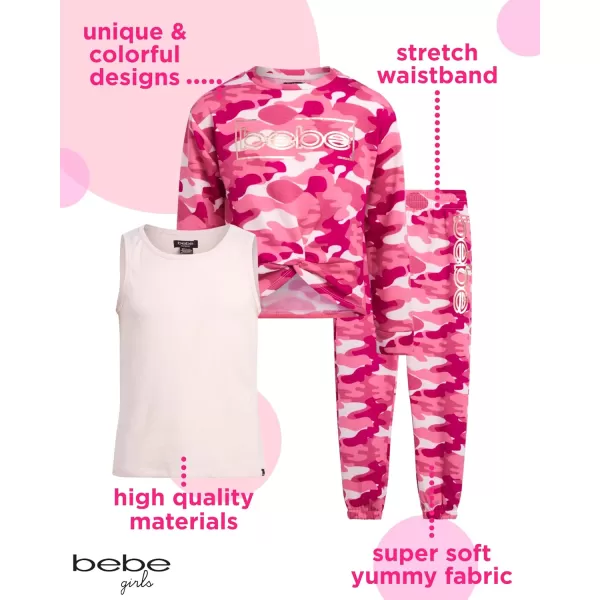 imagebebe Girls Jogger Set  Active Fleece Pullover Sweatshirt Sweatpants and Tank TopPink Camo