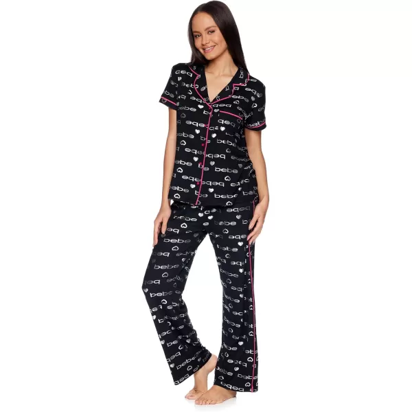 imagebebe Womens 2 Piece Notch Collar Short Sleeve Button Down Shirt and Long Pajama Pants Set Black 1X