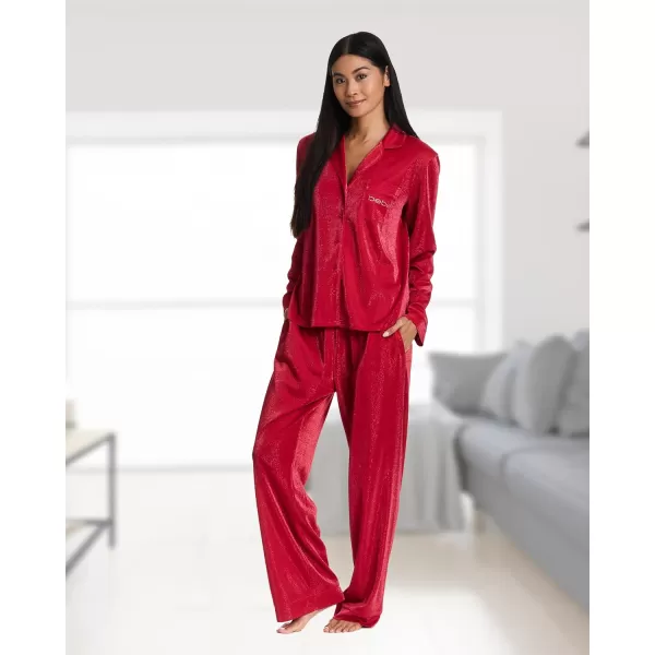 imagebebe Womens Shimmer Notch Collar Long Sleeve Pajama Set with Rhinestone AccentsCrimson