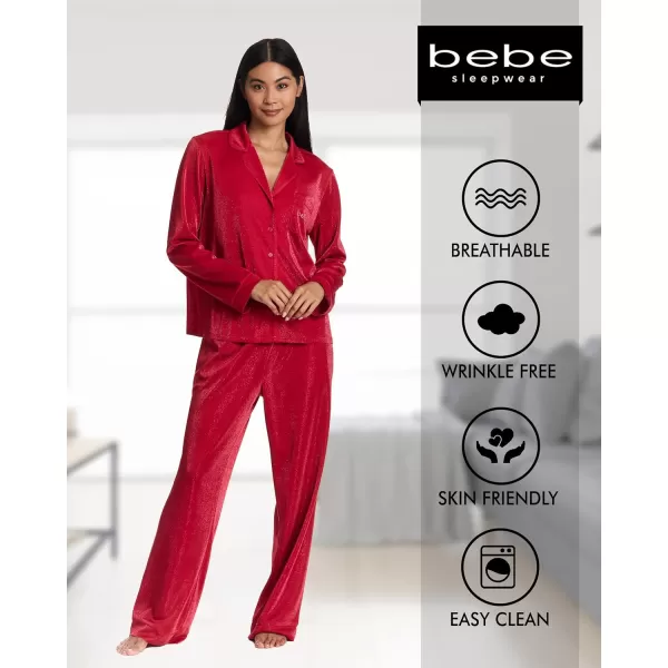 imagebebe Womens Shimmer Notch Collar Long Sleeve Pajama Set with Rhinestone AccentsCrimson