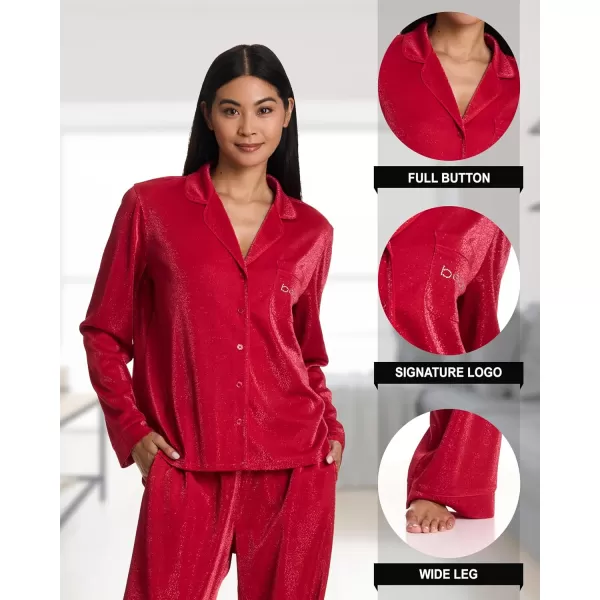imagebebe Womens Shimmer Notch Collar Long Sleeve Pajama Set with Rhinestone AccentsCrimson