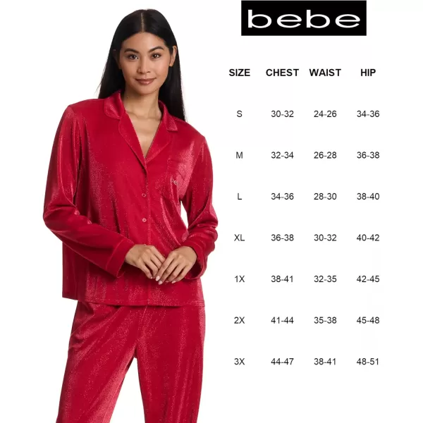 imagebebe Womens Shimmer Notch Collar Long Sleeve Pajama Set with Rhinestone AccentsCrimson