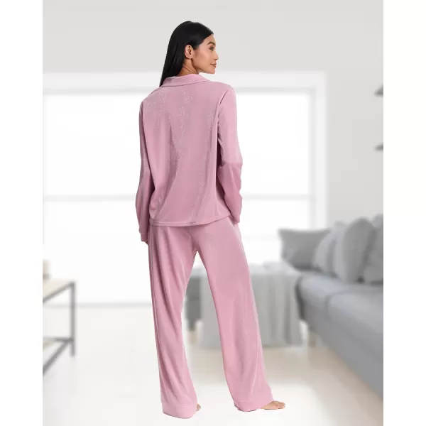 imagebebe Womens Shimmer Notch Collar Long Sleeve Pajama Set with Rhinestone AccentsRose Shadow