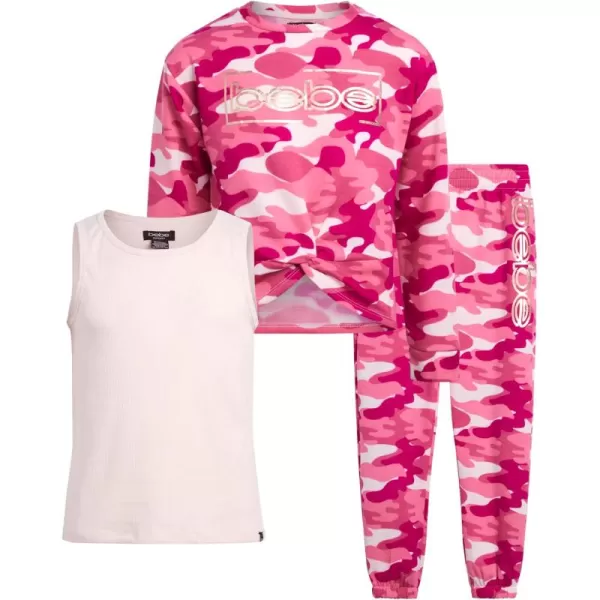 imagebebe Girls Jogger Set  Active Fleece Pullover Sweatshirt Sweatpants and Tank TopPink Camo