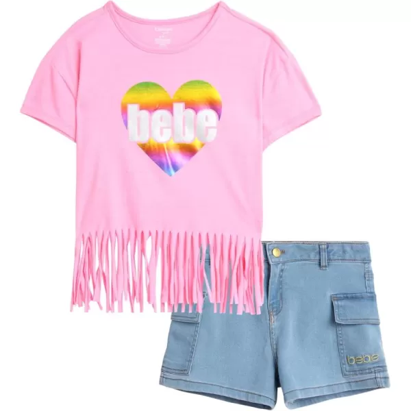 imagebebe Girls Shorts Set  2 Piece Casual Finge TShirt and Denim Cargo Shorts  Summer Graphic Top and Shorts Outfit Set 712Light PinkDenim