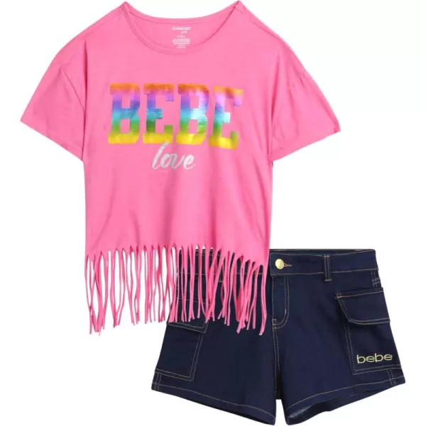 imagebebe Girls Shorts Set  2 Piece Casual Finge TShirt and Denim Cargo Shorts  Summer Graphic Top and Shorts Outfit Set 712PinkDenim