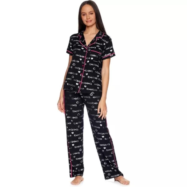 imagebebe Womens 2 Piece Notch Collar Short Sleeve Button Down Shirt and Long Pajama Pants Set Black 1X