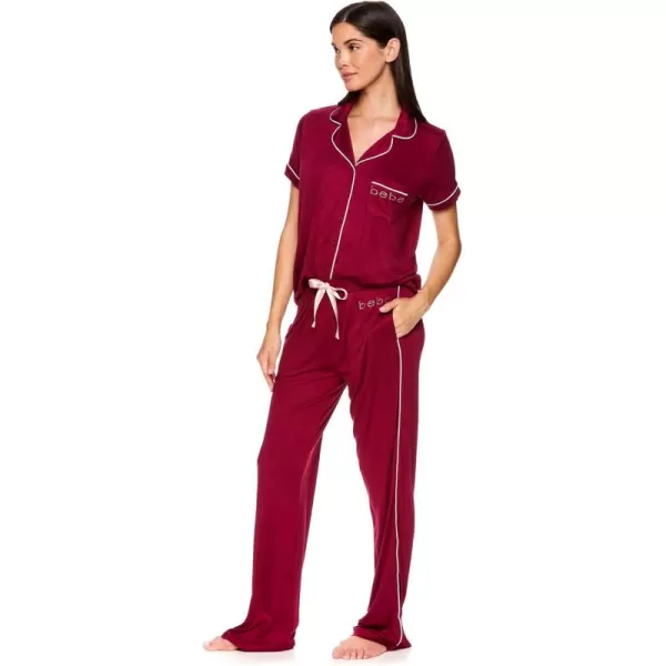 imagebebe Womens 2 Piece Notch Collar Short Sleeve Button Down Shirt and Long Pajama Pants Set Red Plum 3X Plus Size