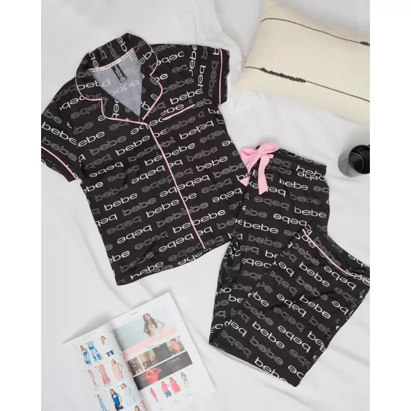 imagebebe Womens 2 Piece Notch Collar Short Sleeve Button Down Shirt and Long Pajama Pants Set Jet Medium