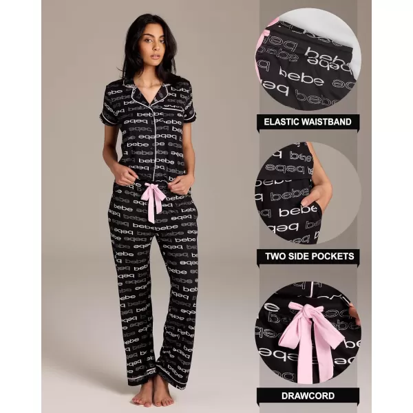 imagebebe Womens 2 Piece Notch Collar Short Sleeve Button Down Shirt and Long Pajama Pants Set Jet Medium
