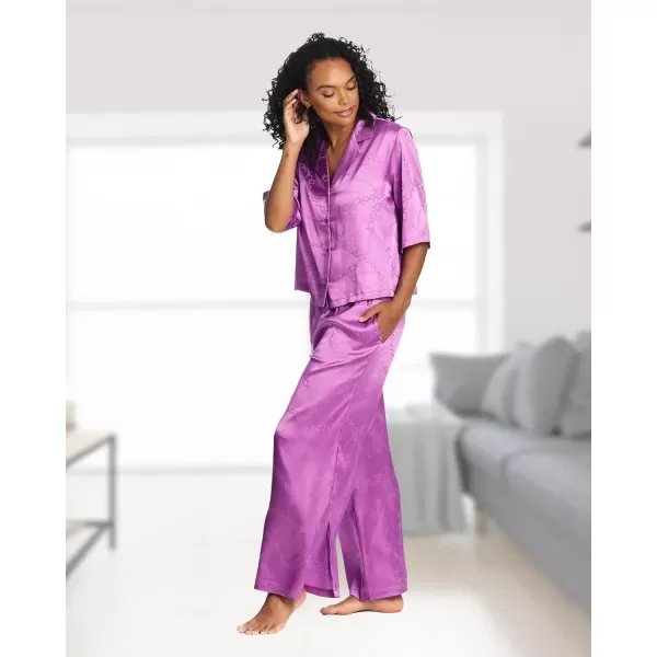 imagebebe Womens Luxury Jacquard Satin Notch Collar Shirt and WideLeg Pants Set  Elegant Lounge Sleepwear for WomenIris Orchid 1
