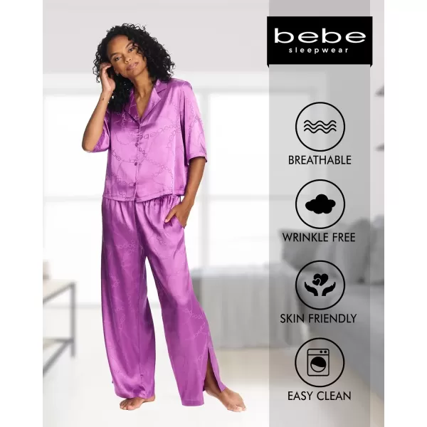 imagebebe Womens Luxury Jacquard Satin Notch Collar Shirt and WideLeg Pants Set  Elegant Lounge Sleepwear for WomenIris Orchid 1