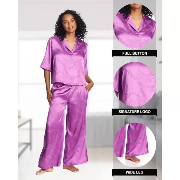 imagebebe Womens Luxury Jacquard Satin Notch Collar Shirt and WideLeg Pants Set  Elegant Lounge Sleepwear for WomenIris Orchid 1
