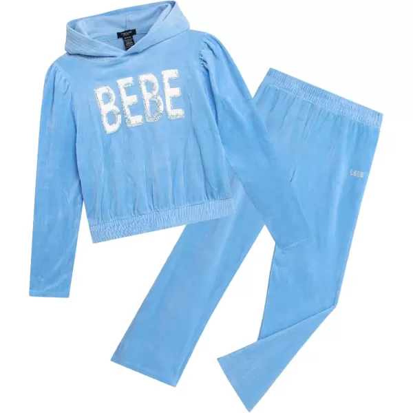 imagebebe Girls Sweatsuit  2 Piece Ribbed Velour Hoodie Sweatshirt and Open Bottom Sweatpants  Smock Waist Tracksuit Set 712Frozen Blue