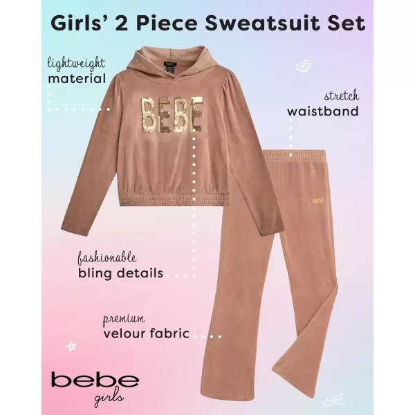 imagebebe Girls Sweatsuit  2 Piece Ribbed Velour Hoodie Sweatshirt and Open Bottom Sweatpants  Smock Waist Tracksuit Set 712Toasted Almond