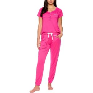 imagebebe Womens Pajama Set Short Sleeve Shirt with Lace Jogger PJ Pants Lounge Sets for WomenFuchsia