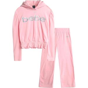 imagebebe Girls Sweatsuit  2 Piece Ribbed Velour Hoodie Sweatshirt and Open Bottom Sweatpants  Smock Waist Tracksuit Set 712Pink
