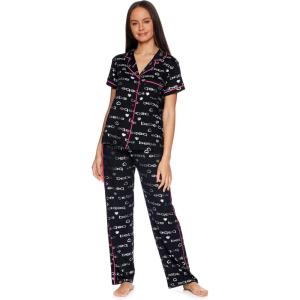 imagebebe Womens 2 Piece Notch Collar Short Sleeve Button Down Shirt and Long Pajama Pants SetBlack 4