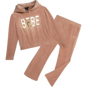 imagebebe Girls Sweatpants Set  2 Piece Velour Athletic Hoodie Sweatshirt and Wide Leg Kids Sweatpants Activewear SetToasted Almond