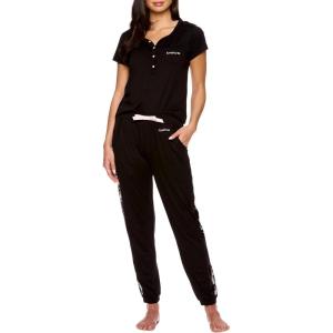 imagebebe Womens Pajama Set Short Sleeve Shirt with Lace Jogger PJ Pants Lounge Sets for WomenBlack