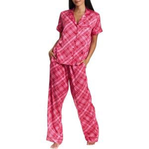 image:imagebebe Womens Silky Satin Pajama Set Button Down Short Sleeve SleepwearCrimson