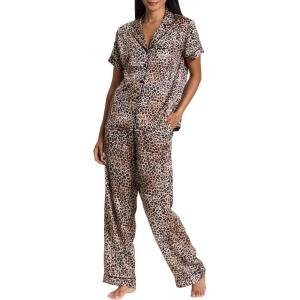 image:imagebebe Womens Silky Satin Pajama Set Button Down Short Sleeve SleepwearWarm Taupe