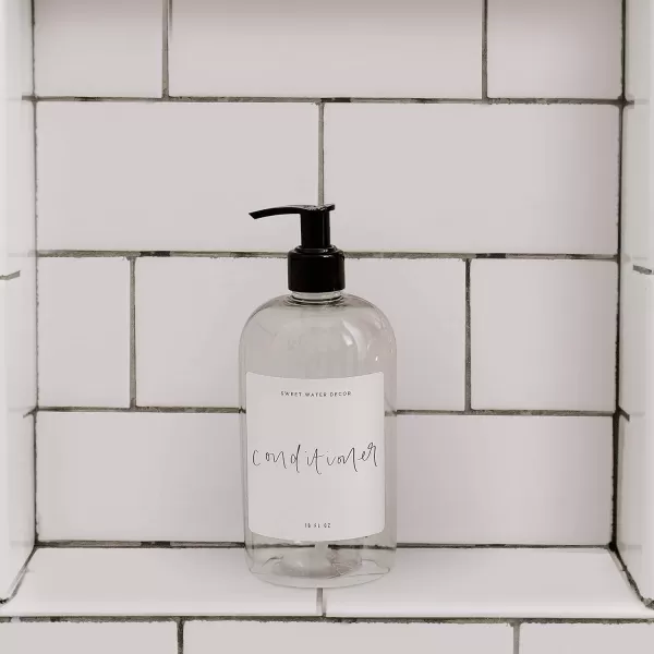 imageSweet Water Decor 16 oz Clear Plastic Dispensers  Refill Bottles  Refillable Bathroom Soap Bottles with Waterpoof Labels Shampoo Bottle  Script DesignConditioner Bottle  Script Design