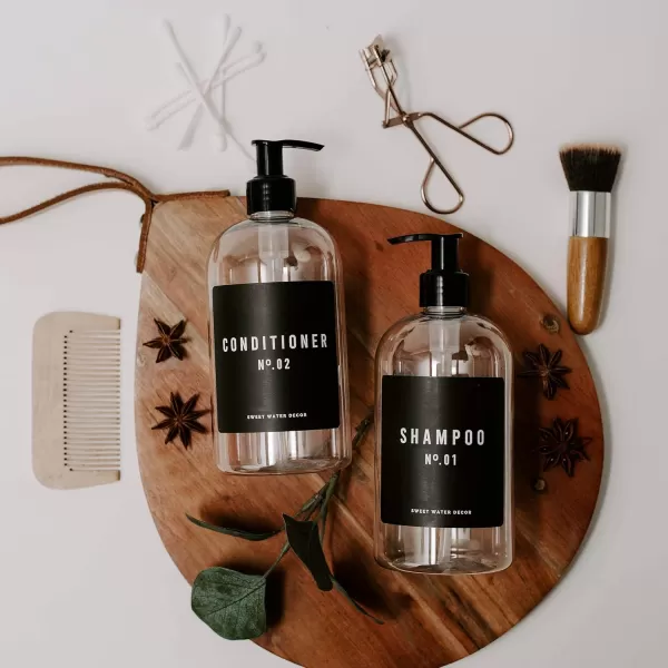 imageSweet Water Decor 16 oz Clear Plastic Dispensers  Refill Bottles  Refillable Bathroom Soap Bottles with Waterpoof Labels Shampoo Bottle  Script DesignConditioner Bottle  Black Label