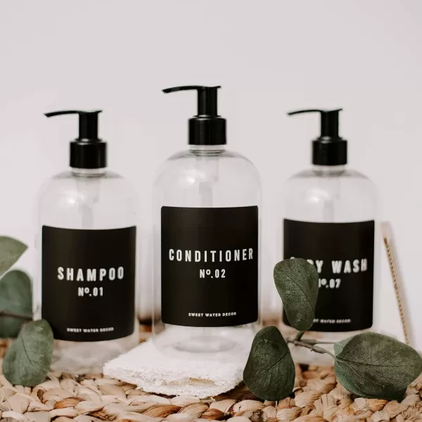 imageSweet Water Decor 16 oz Clear Plastic Dispensers  Refill Bottles  Refillable Bathroom Soap Bottles with Waterpoof Labels Shampoo Bottle  Script DesignConditioner Bottle  Black Label