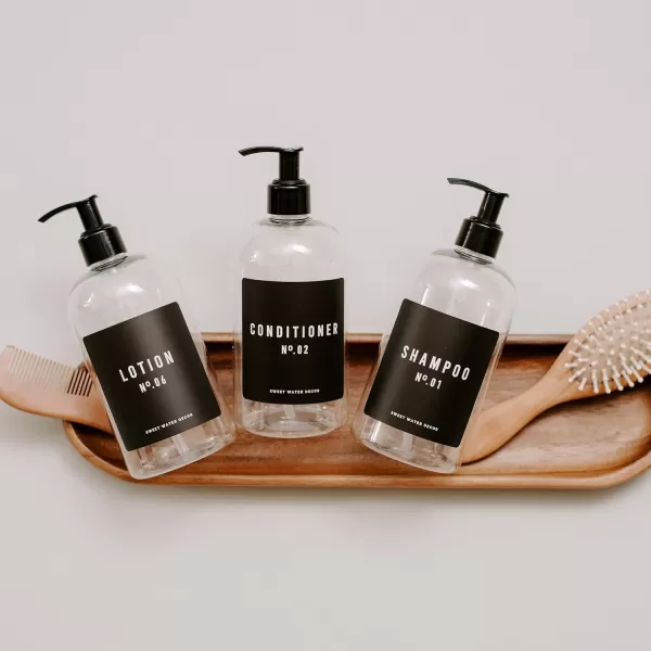 imageSweet Water Decor 16 oz Clear Plastic Dispensers  Refill Bottles  Refillable Bathroom Soap Bottles with Waterpoof Labels Shampoo Bottle  Script DesignConditioner Bottle  Black Label