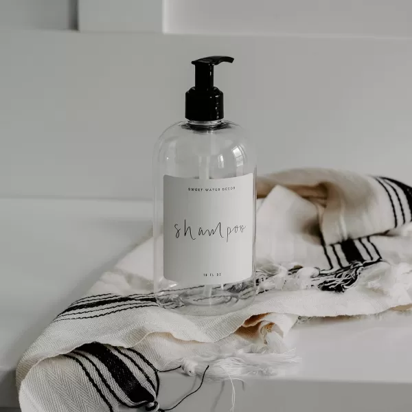 imageSweet Water Decor 16 oz Clear Plastic Dispensers  Refill Bottles  Refillable Bathroom Soap Bottles with Waterpoof Labels Shampoo Bottle  Script DesignShampoo Bottle  Script Design