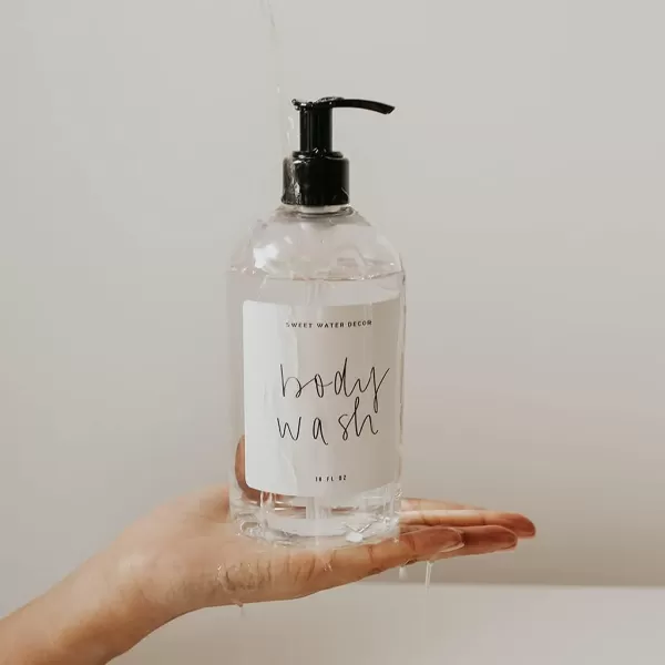 imageSweet Water Decor 16 oz Clear Plastic Dispensers  Refill Bottles  Refillable Bathroom Soap Bottles with Waterpoof Labels Shampoo Bottle  Script DesignConditioner Bottle  Script Design