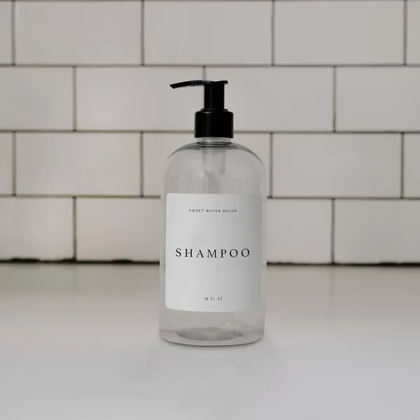 imageSweet Water Decor 16 oz Clear Plastic Dispensers  Refill Bottles  Refillable Bathroom Soap Bottles with Waterpoof Labels Shampoo Bottle  Script DesignShampoo Bottle  Modern White Label