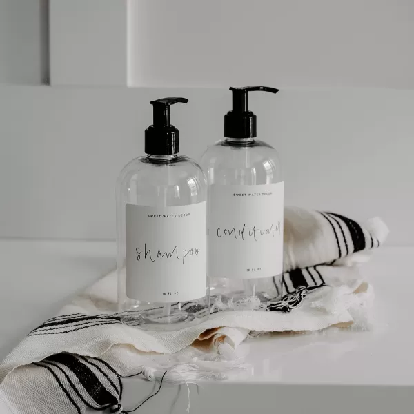 imageSweet Water Decor 16 oz Clear Plastic Dispensers  Refill Bottles  Refillable Bathroom Soap Bottles with Waterpoof Labels Shampoo Bottle  Script DesignShampoo Bottle  Script Design