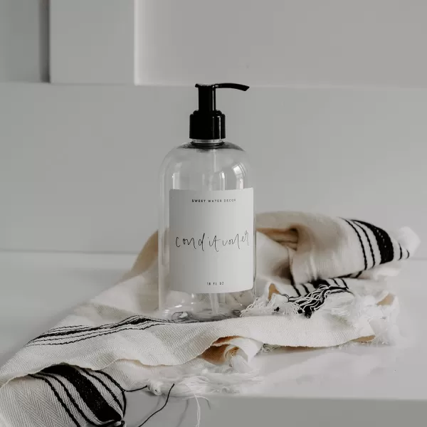 imageSweet Water Decor 16 oz Clear Plastic Dispensers  Refill Bottles  Refillable Bathroom Soap Bottles with Waterpoof Labels Shampoo Bottle  Script DesignConditioner Bottle  Script Design