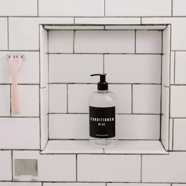 imageSweet Water Decor 16 oz Clear Plastic Dispensers  Refill Bottles  Refillable Bathroom Soap Bottles with Waterpoof Labels Shampoo Bottle  Script DesignConditioner Bottle  Black Label