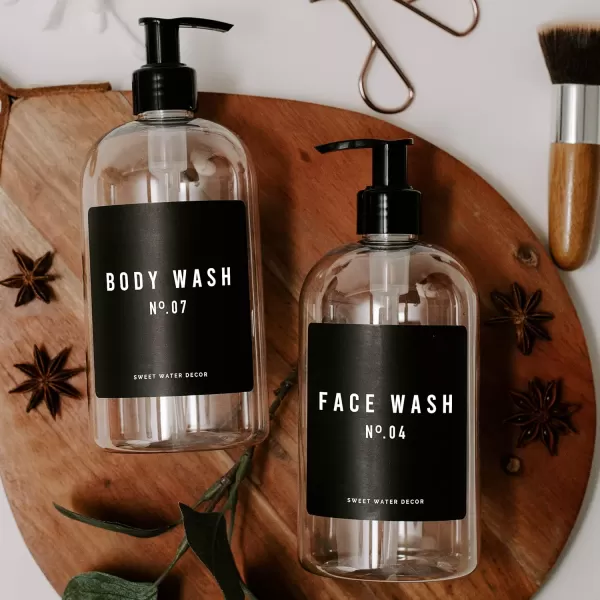 imageSweet Water Decor 16 oz Clear Plastic Shower Gel Dispensers  Refill Body Wash Bottles  Refillable Bathroom Soap Bottles with Waterproof Labels  Reusable Shower Bottle Body WashClear Bottle  Black Label
